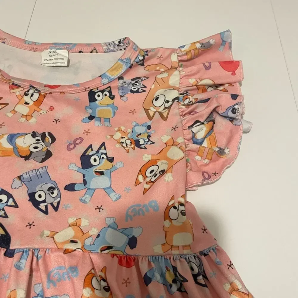 Bluey Dress Pink Ruffles Bingo & Gang Girl's Toddler Size XXL 6-7T Super Soft!